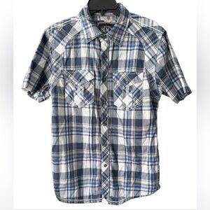 Men’s Medium Buckle • Black • Standard Fit Blue & White Plaid Button Down Shirt